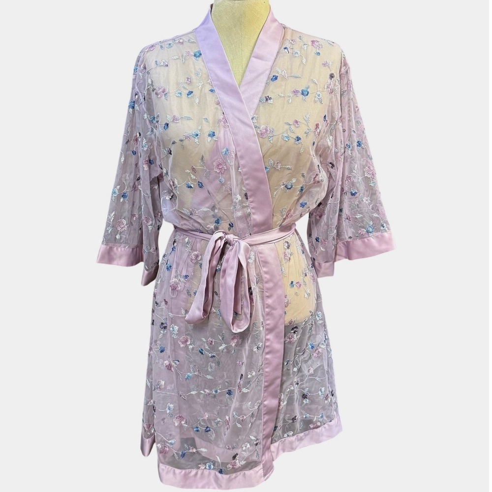 INC S Lavender Floral Embroidered Mesh Robe Kimono Sheer Whimsy Fairy Coquette
